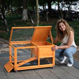 2-Tier Rabbit Hutch on Wheels, Bunny Cage with Run, Doors, Ramp, Openable Roof, Easy-to-Clean Tray, Pet House for Guinea Pigs Small Animals, Orange